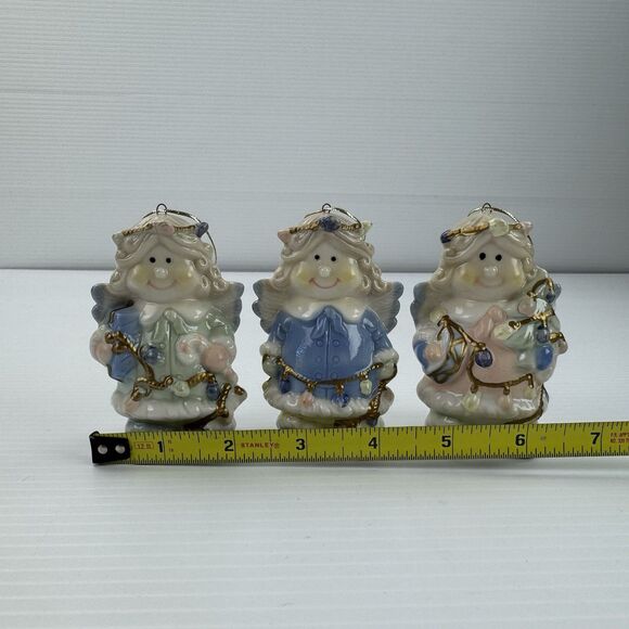 Set of 3 Vintage Ceramic Angel Ornaments Pastel Gold Trim Christmas - Picture 11 of 11